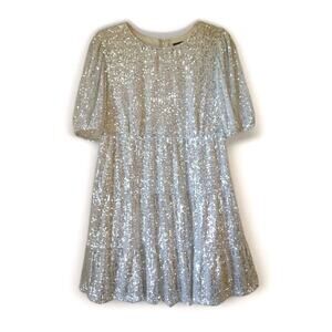 Speechless Silver Sequin Mini Dress M Puff Sleeve Party NYE Glam Sparkle Formal